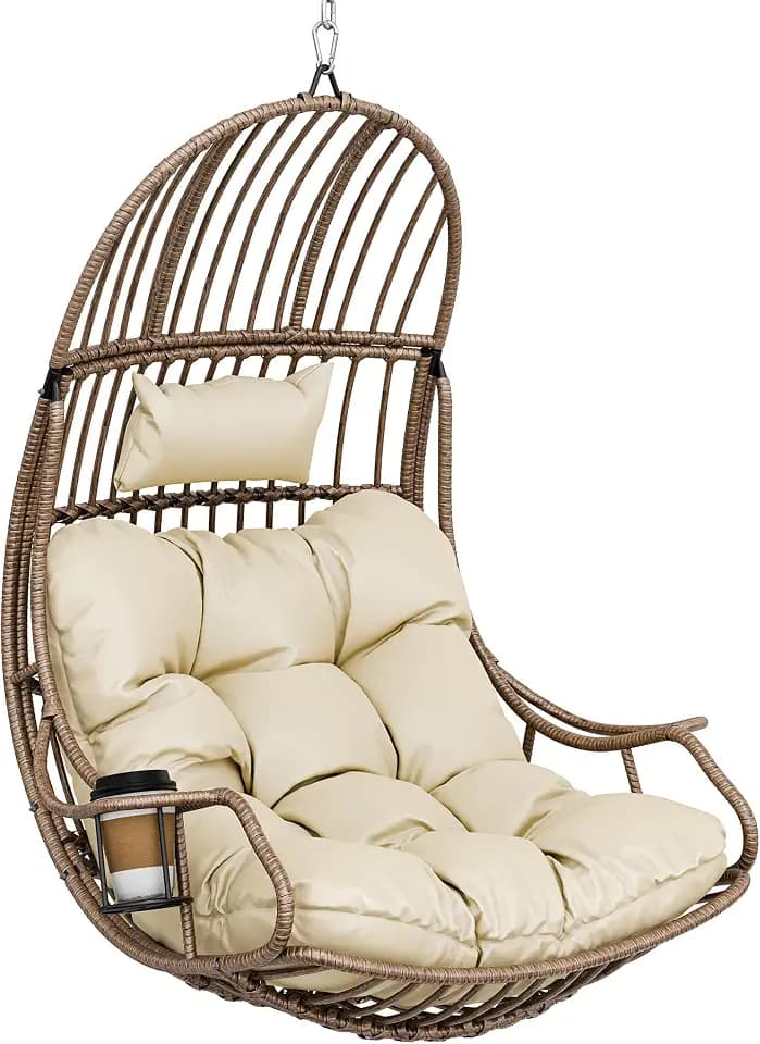 YITAHOME Hängesessel Eierschaukel 150 kg Belastbarkeit, Rattan Schaukelsessel mit Kissen & Getränkehalter, Hängekorbstuhl für Garten, Terrasse, Balkon, Wohnzimmer, Beige