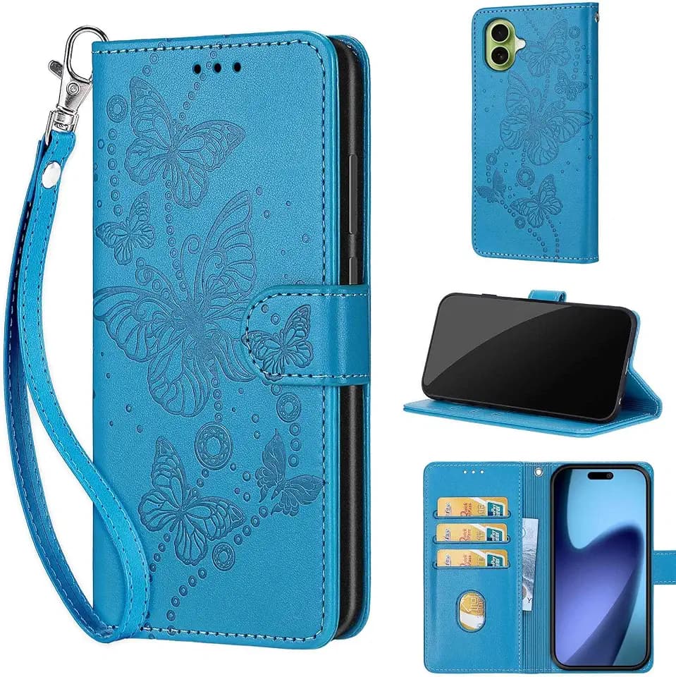 Wallet Case for iPhone 17, Blue Butterfly