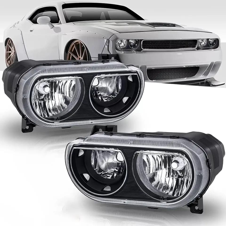 MOSTPLUS Headlight Assembly Compatible for 2008-2014 Dodge Challenger Front Lamp Black Housing Clear Lens Clear Corner (set of 2)