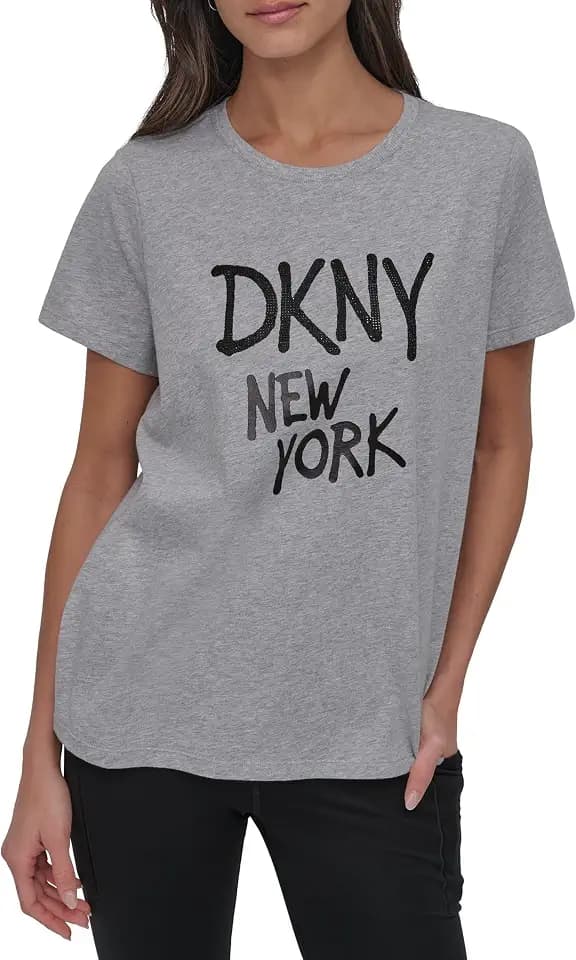 DKNY Damen Rhinestone Graffiti Short Sleeve Relaxed Fit Crew Neck Tee T-Shirt