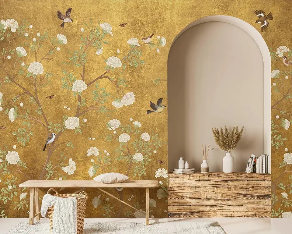 Golden Plum Blossom Mural Wallpaper -161"x108"