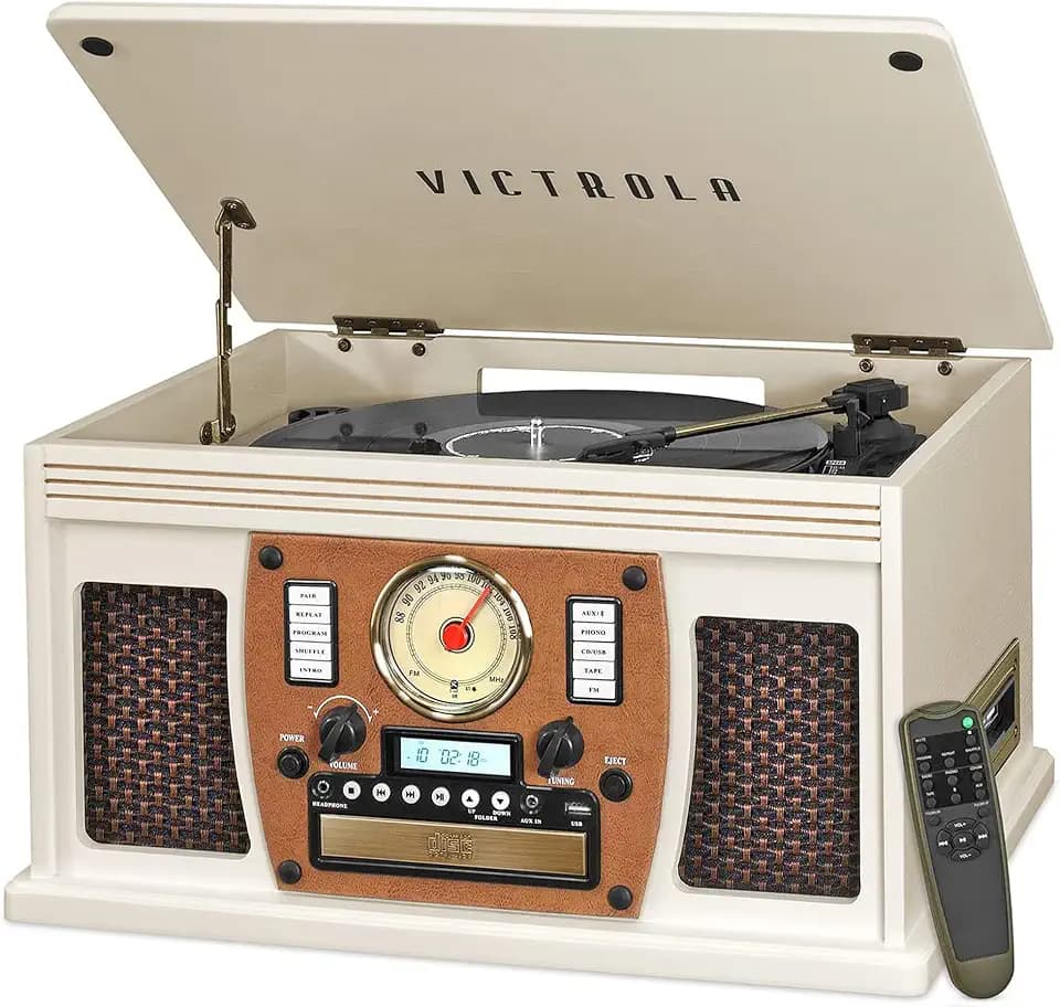 Victrola Navigator 8-in-1 Bluetooth Record Player with Built-in Speakerss – 3 Speed Turntable, CD Player, Cassette, FM Radio, USB, RCA Out, Headphone Jack, Wireless Music Streaming, Real Wood (White)