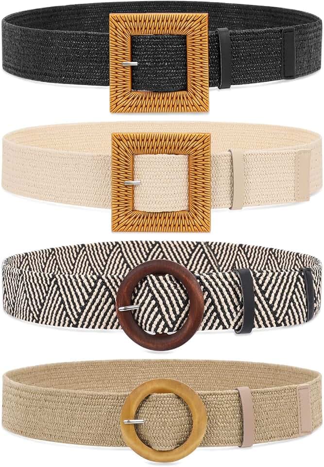 WHIPPY Set of 3/4 Straw Woven Elastic Stretch Waist Belts for Women, Fashion Boho Ladies Braided Skinny Dress Belt