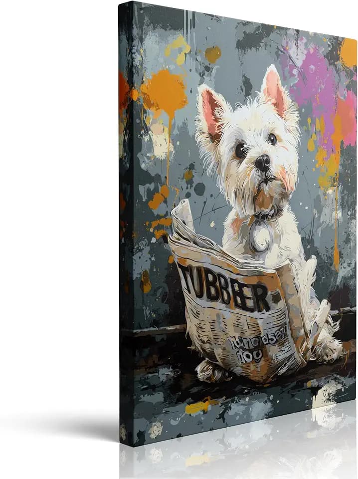 Westie Dog Pop Art Canvas Wall Art Framed Painting Funny Pet Decor Wall Decor Artwork Print Poster Colorful Abstract Splatter for Bathroom Living Room Home Office 16x24 Inches