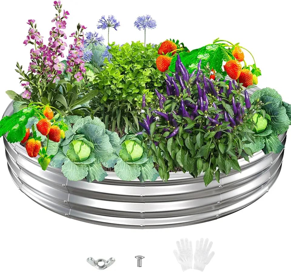 Durable Round Galvanized Steel Raised Garden Bed for Planting,Round Galvanized Steel Fire Ring/Fir Pit for Outdoor- 6×6×1FT,0.8MM Thick (Silver, 72 ins Diameter x 12 ins high)