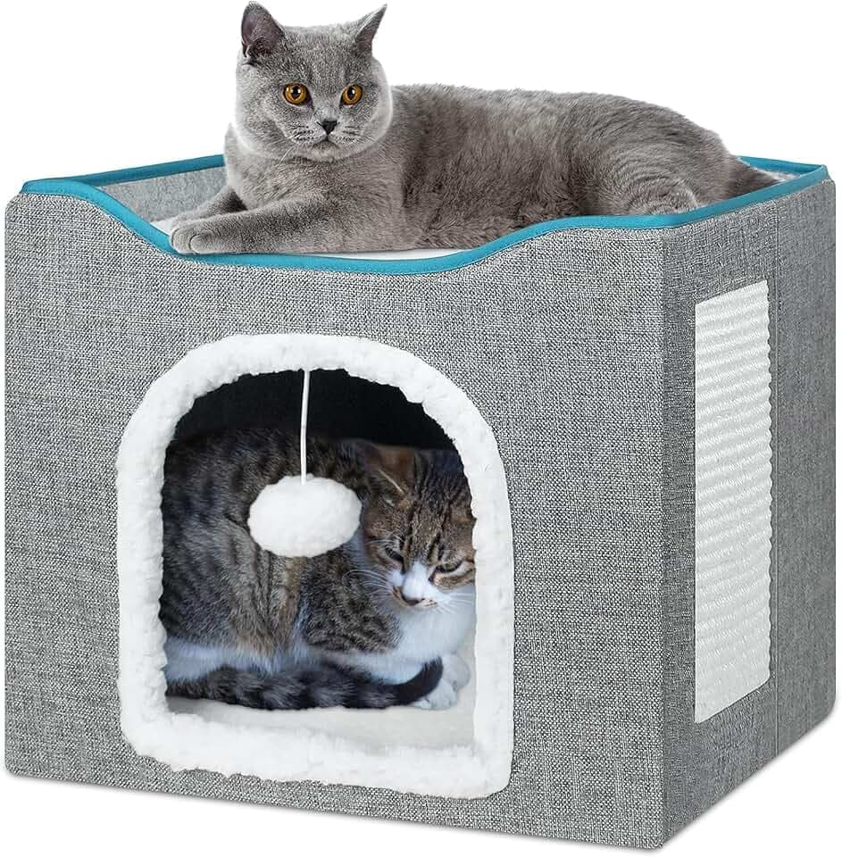BRIAN & DANY Faltbares Katzenhöhle, Großer Katzenhaus, Höhle für Hauskatzen mit Kratzbrett und Spielball, 40 x 40 x 32 cm, Grau