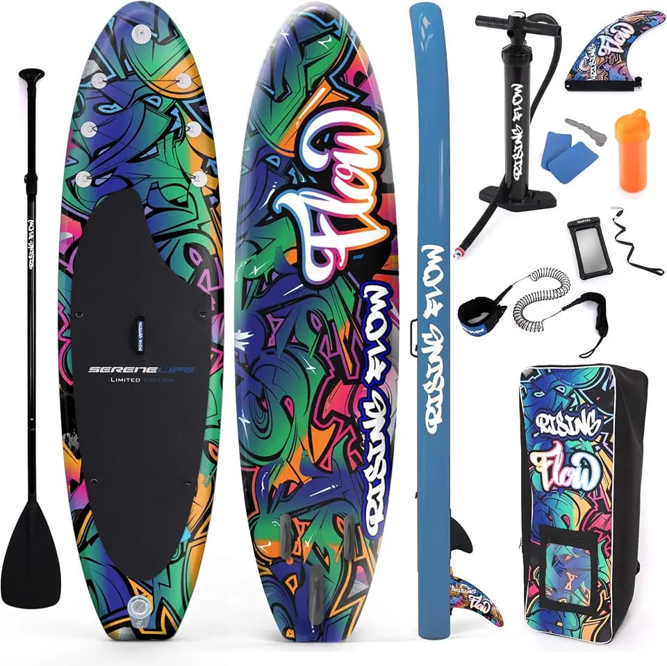 SereneLife Inflatable Stand Up Paddle Board with Premium SUP Accessories – Wide Stable Design with Non-Slip EVA Deck Pad for Adults and Youth of All Skill Levels, 350 lbs Capacity