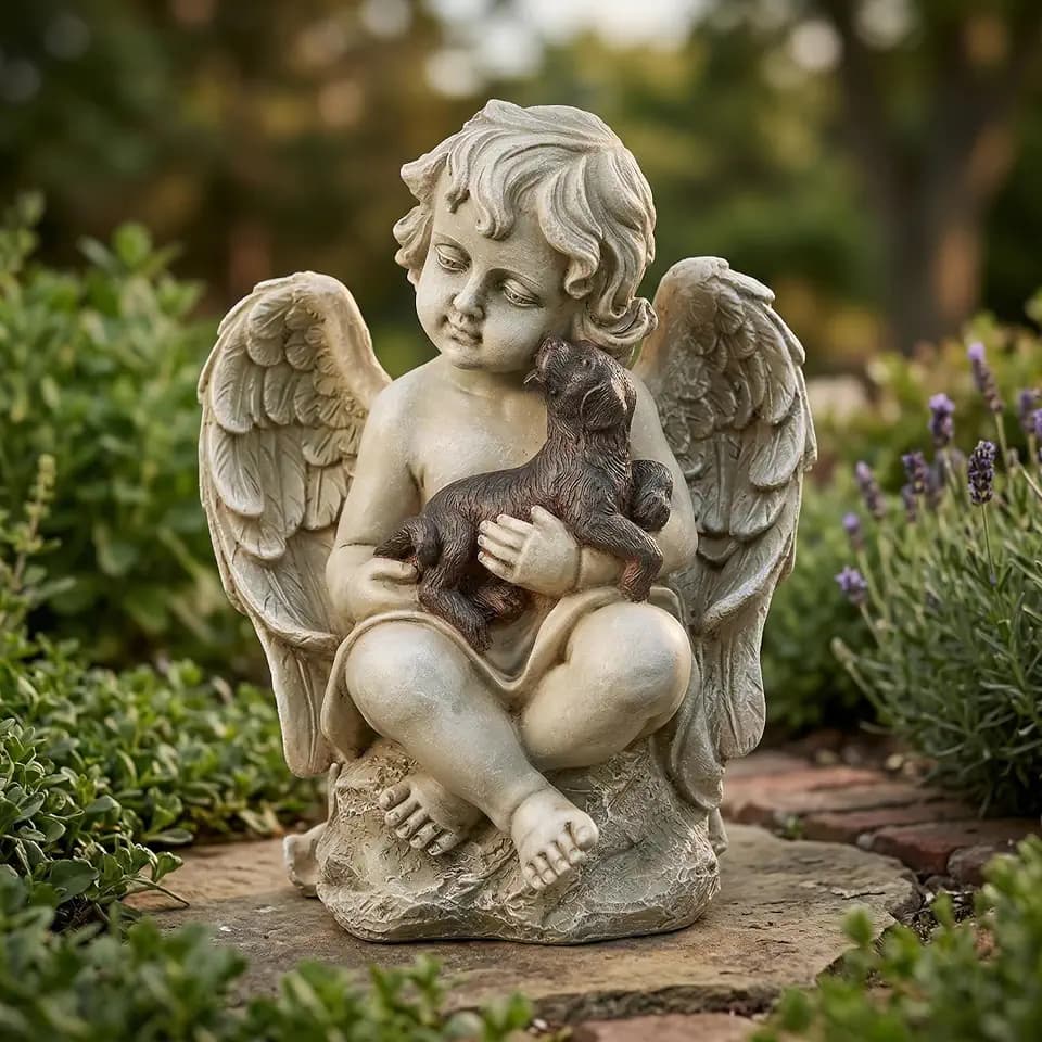 DUSVALLY Angel Dog Garden Statue, Resin Cherub Figurine, Outdoor Decor