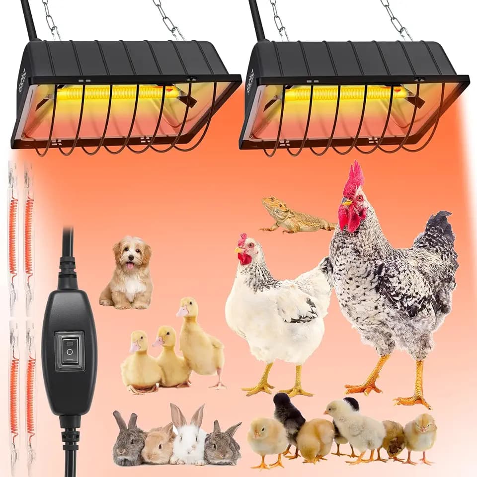 300W 2Mode Heat Lamp for Chickens,Brooder Heater 12000H Carbon Fiber Bulbs, 4PCs Heat Lamp Tubes, Adjustable Temp & Height, Waterproof Chicken Coop Heat Plate, UL-Certified Heater for Poultry, Pets
