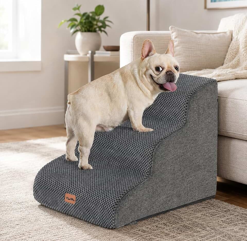 Made4Pets Dog Stairs Ramp for Small Dogs, 15.7" 3-Step Foam Pet Steps, Grey