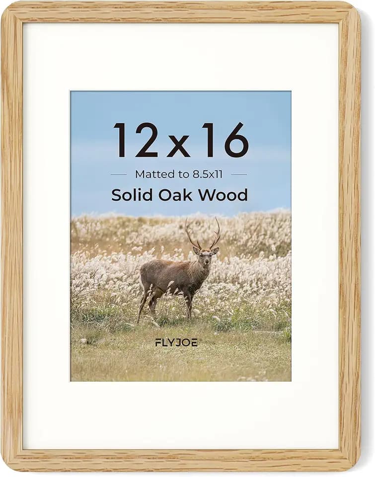 FLYJOE 12x16 Picture Frame - Solid Oak Wood 12x16 Poster Frame, 12''x16'' Picture Frame With Mat For 8.5x11, Tempered Glass and Hanging Hardware Included, 16 By 12 Frame Wood, Natural Oak