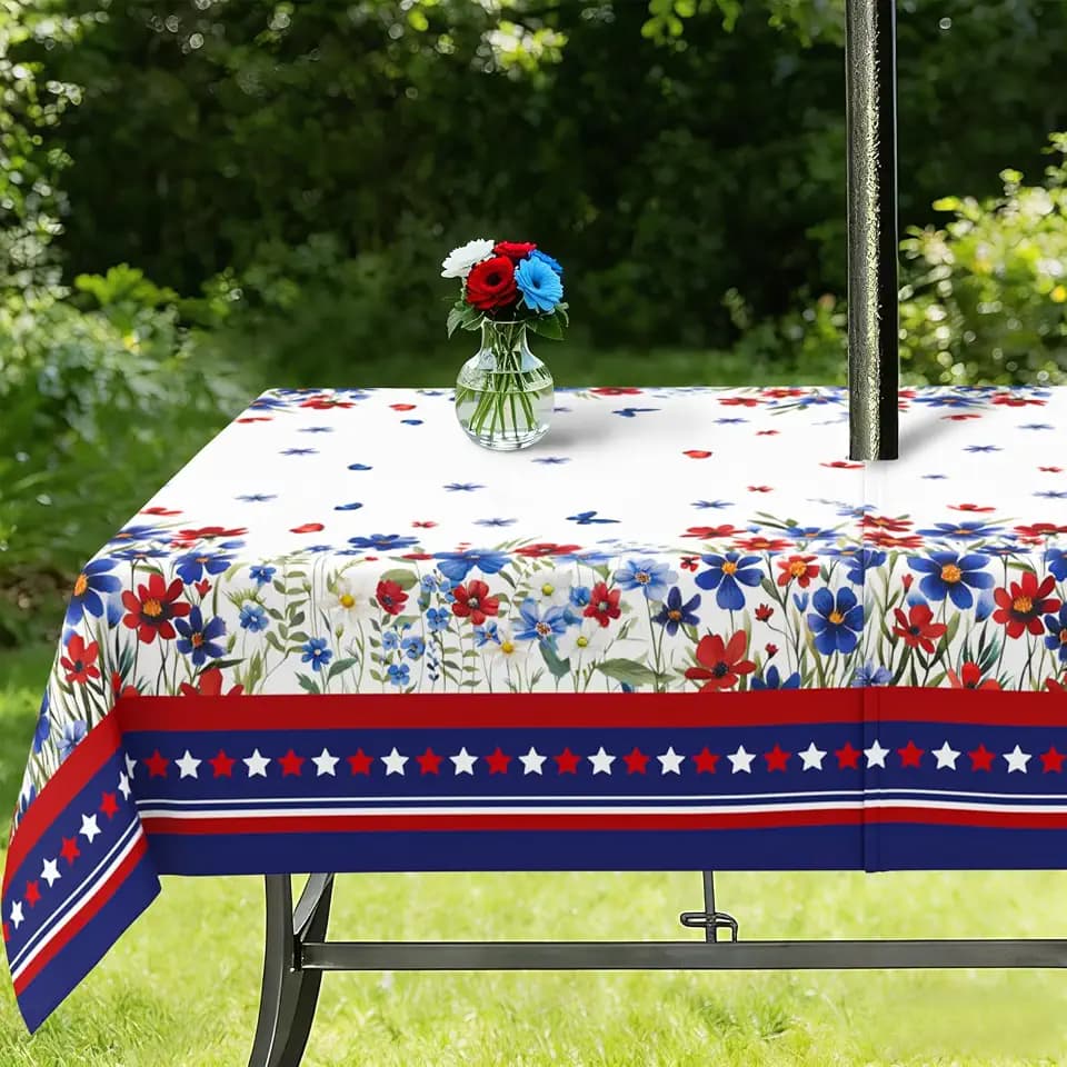 Outdoor Tablecloth with Umbrella Hole and Zipper, 4th of July Floral Waterproof Patio Table Covers, Rectangle 60" x 84" Patriotic Independence Memorial Day Decor