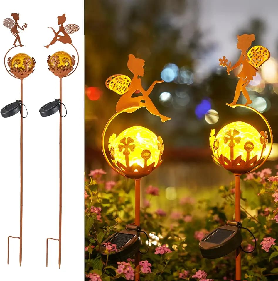 JOYCREATOR Solarlampen für Außen 2 Stück, Metall Solarleuchten Garten IP65 Wasserdichte Rost, LED Solar Gartenleuchten für Außen Deko Elfe Fee Gartenstecker Balkon Terrasse Blumentopf Weg, Geschenke