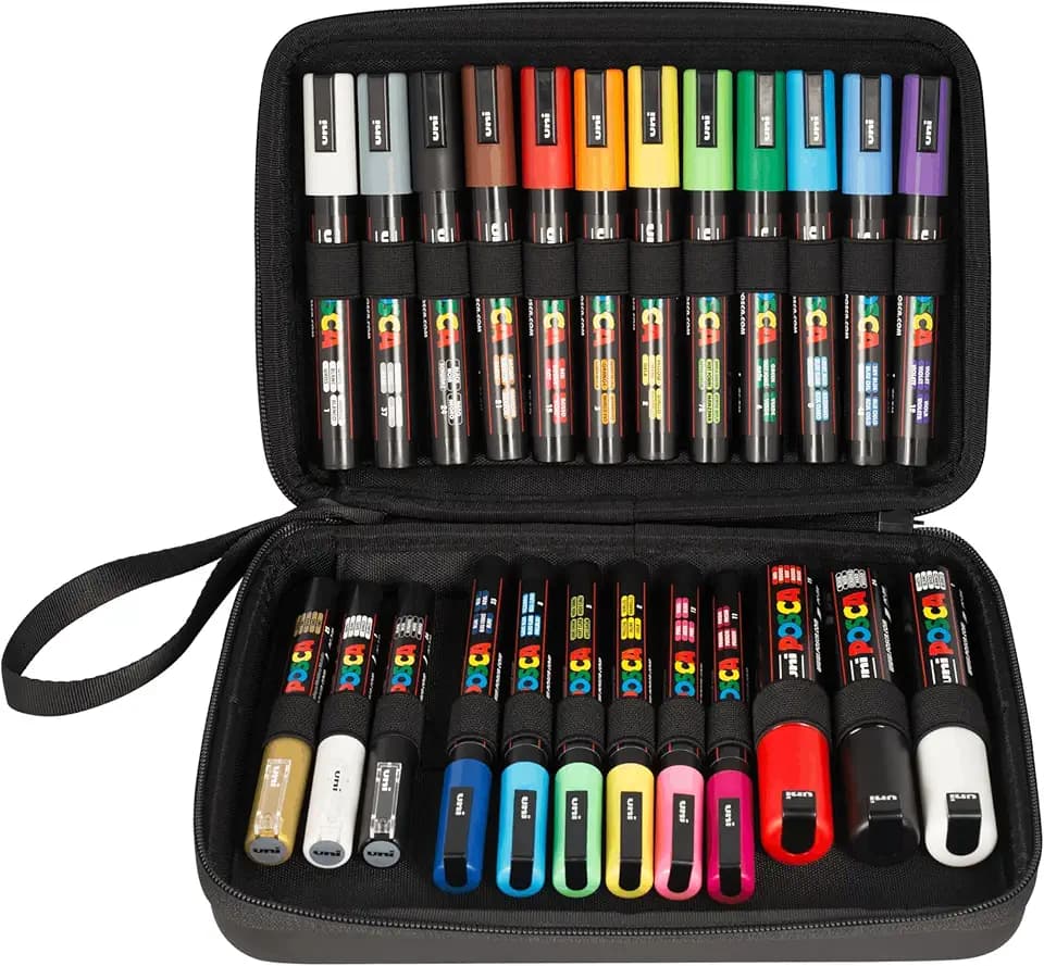 POSCA - Mitsubishi Pencil - Koffer mit 24 Markern: PC-1MC, PC-3M, PC-5M, PC-8K. Wasserbasierte Lackmarker für alle Oberflächen.