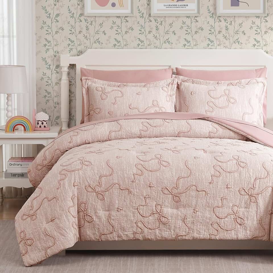 Twin Comforter Set for Girls - 5 Pieces Pink Bedding Set Bow Bed in a Bag