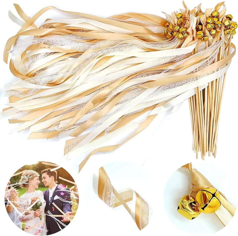Wedding Wands,50 Stück Stäbe mit 100 Groß Glöckchen und 150 Hochzeitsbändern,Seidenfeenstab,Gastgeschenke für Partys,Zauberstäbe Hochzeit Luftschlangen,für Hochzeiten,Geburtstage,Feiertagsfeiern