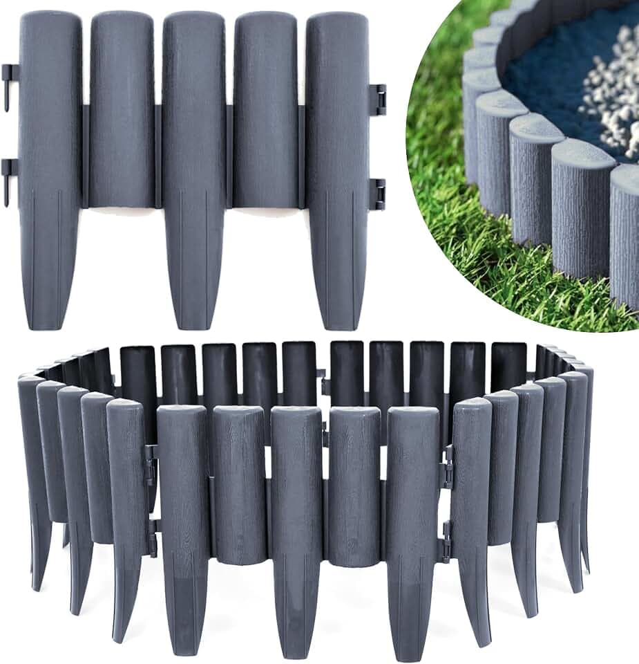 KRUMAD Rasenkante Kunststoff Holzoptik, 10 Stück Set 2,8 Meter, Höhe 24 cm, Beeteinfassung Garten, Flexible Beetumrandung, Witterungsbeständig, UV- & Frostfest, Einfacher Aufbau, Grau