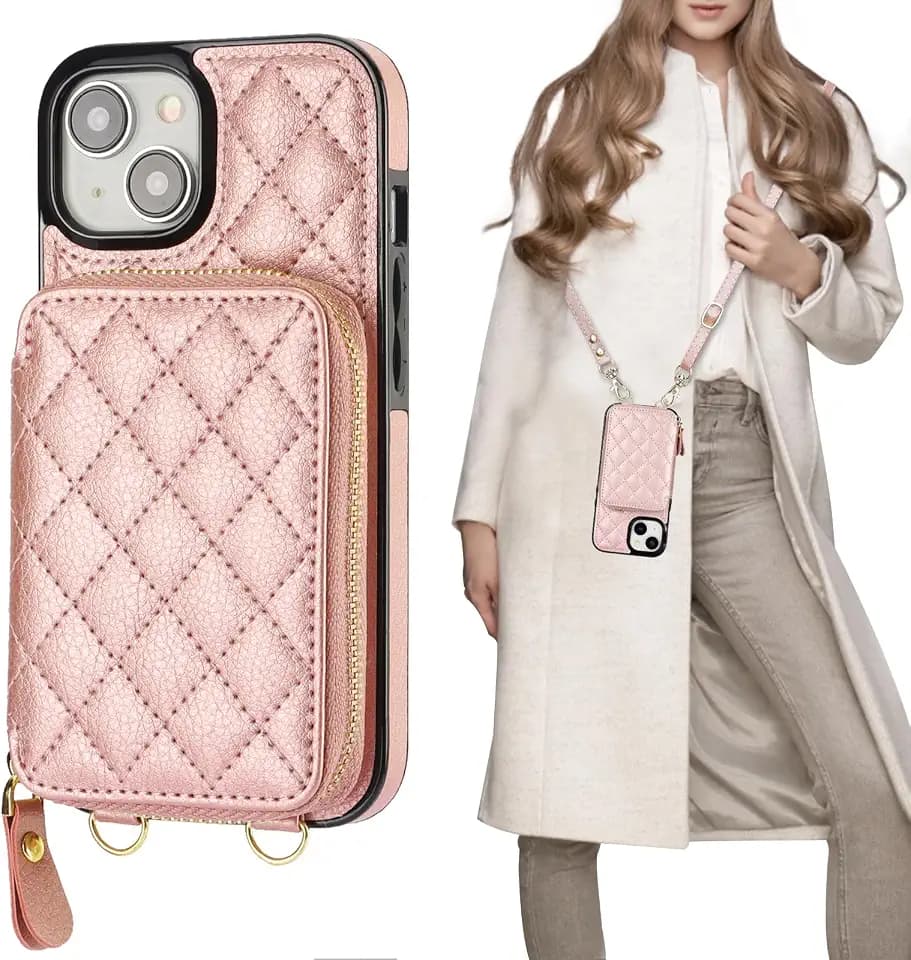 Bocasal Crossbody Wallet Case Card Holder for iPhone 15, Rose Gold
