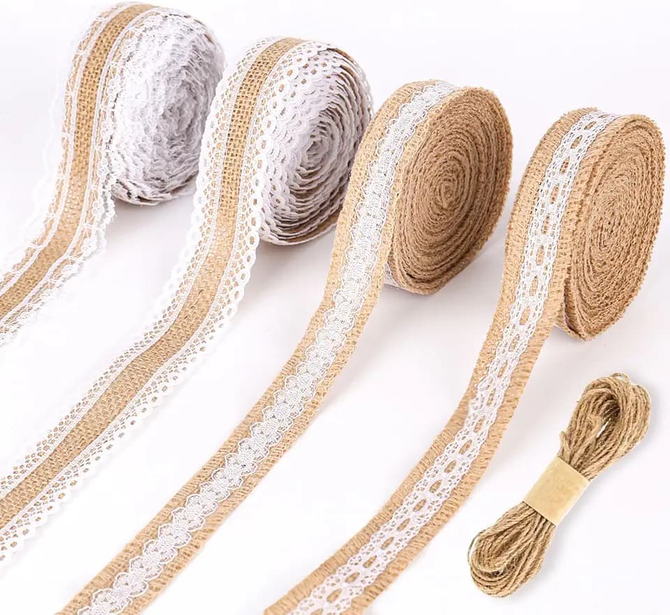 Juteband mit Spitze, 5x5M Vintage Juteband Natur Stoffband Jute Rolle Spitzenband für Weihnachten Hochzeitsdeko Tischdeko Glasflasche DIY Handwerk Basteln Party