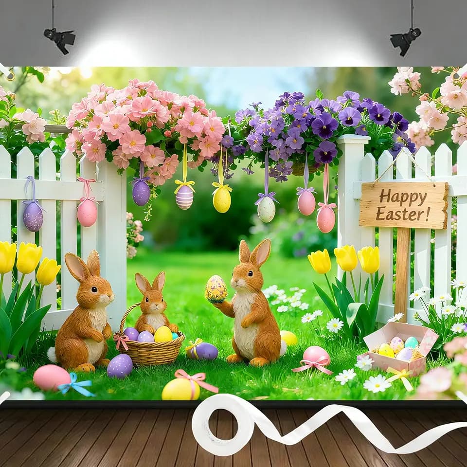 8x6ft Easter Backdrop Spring Backdrops for Photography Polyester Happy Easter Banner Flower Backdrop Floral Grass Rabbit Eggs Garden Background for Spring Party Decorations with Ribbon