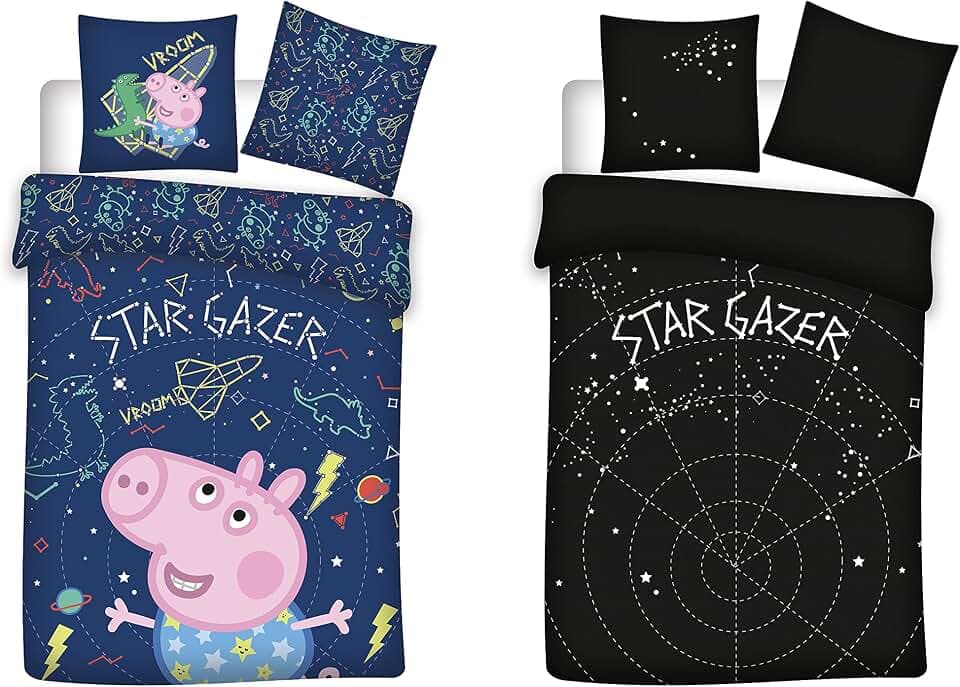 BrandMac Peppa Wutz Bettwäsche 100x135 40x60 „Star Gazer“ mit George – Peppa Pig Kinderbettwäsche zum Wenden - Leuchtet im Dunkeln - Kopfkissen- und Bettdeckenbezug aus 100% Baumwolle
