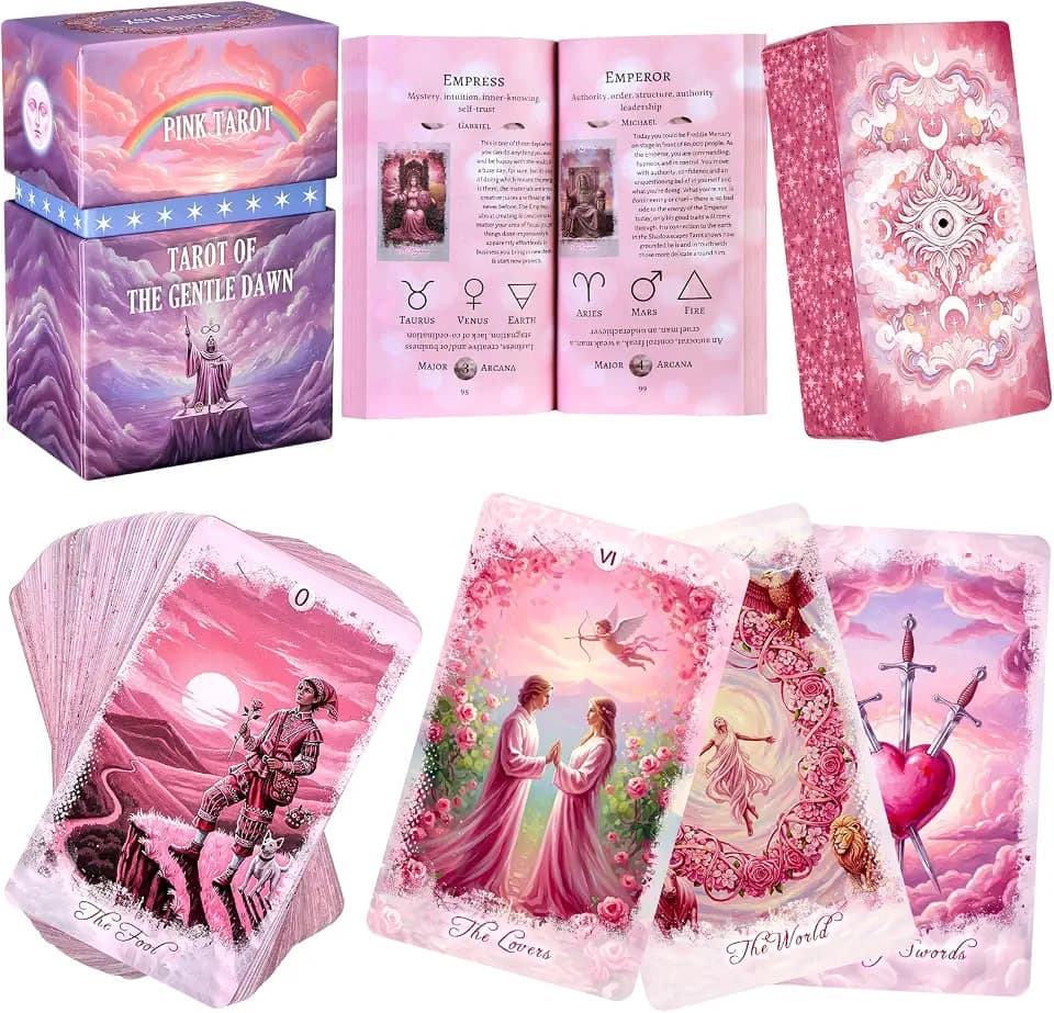 XSYLOHXL Oil Painting Pink Tarot Cards with Unique Foil Edge and Guide Book Original Guided Tarot Deck for Beginner and Experts Reading for Love Career Self-Care Etc Pretty Box Included