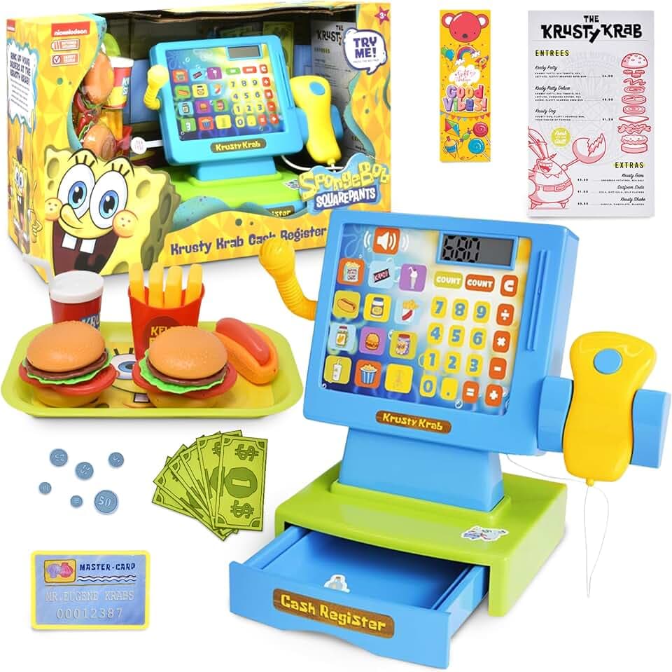 SPONGEBOB SQUAREPANTS Pretend Play Cash Register Toy with Sounds and Lights for Kids Krusty Krab Play Scanner and Fake Food for Boys Girls Toddlers