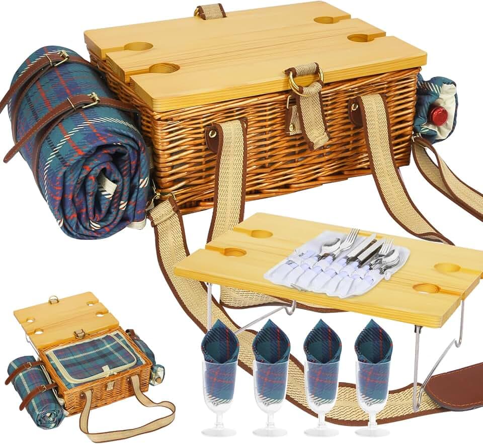 Picknickkorb-Set für 4 mit Klapptisch, Kühltasche und Besteck