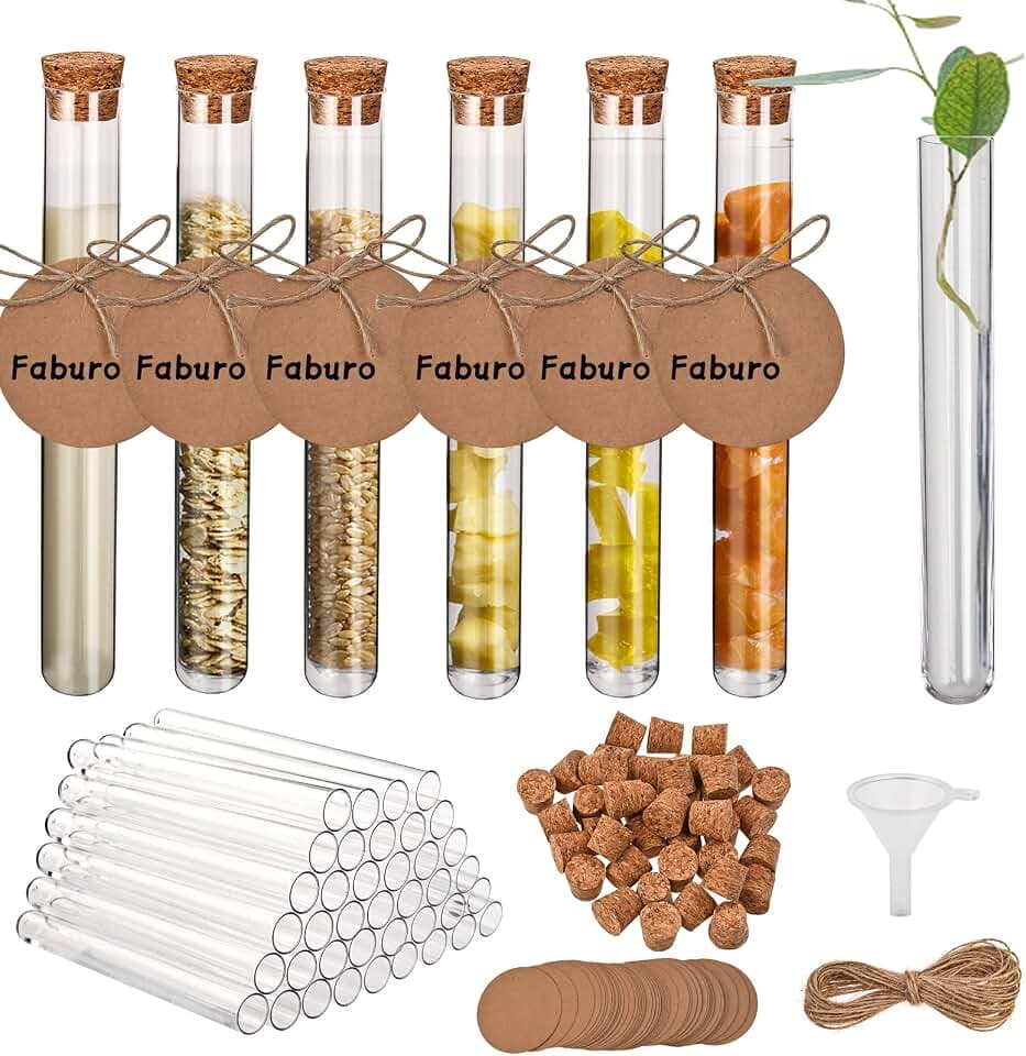 Faburo 100 Reagenzglas mit Korken, 16x100mm(14ml) Reagenzgläser, Reagenzgläser mit korken mit 100 Stück Kraftpapieranhänger+30m Hanfseil+1 Stück Trichter, für DIY Craft Candy Liquids Spices Blumen