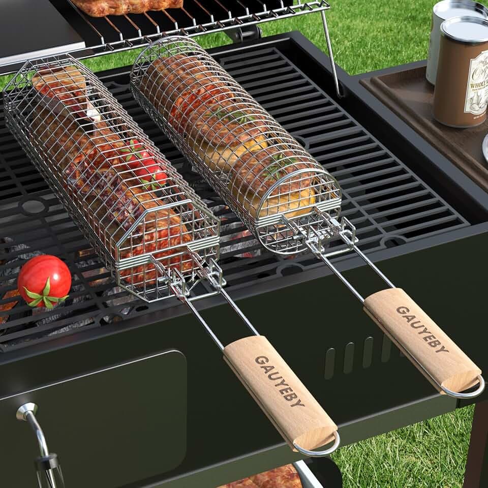 Rolling Grill Basket, 2PCS Grill Baskets for Outdoor Grill, REMOVABLE HANDLE, Anti-Scorch Stainless Steel BBQ Net Tube for Meat, Shrimp, Vegetables, BBQ Gifts for Dad, Husband (Octagon+Round)