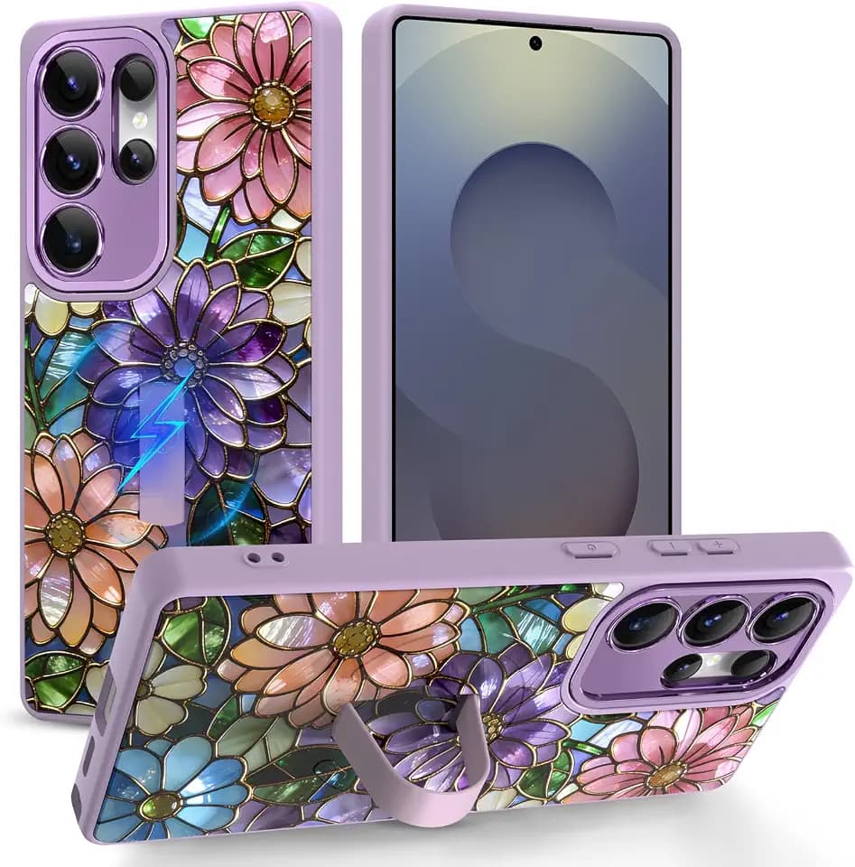 Magnetic for Samsung Galaxy S25 Ultra Case with Strap Stand, Purple Flowers