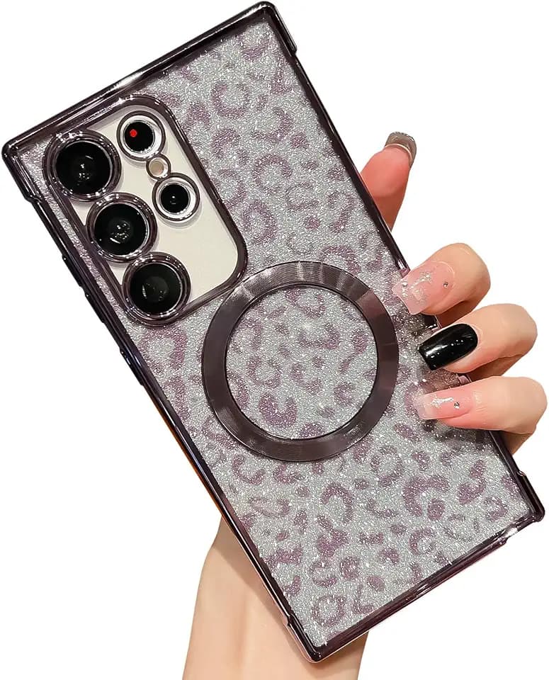 Magnetic Designed for Samsung Galaxy S22 Plus Case[Compatible with MagSafe] Glitter Leopard Pattern Soft Edge case(Purple,S22+ Plus)
