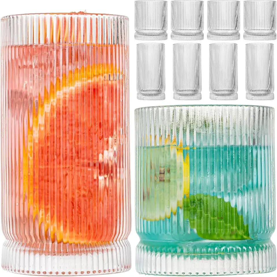 Drinking Glasses, Set of 8 Origami Style Glass Cups-4 Highball Glasses 15oz & 4 Rocks Glasses 12oz, Mojito Cups, Cocktail Glass, Elegant Ripple Vintage Glassware for Cocktail, Beer, Whiskey