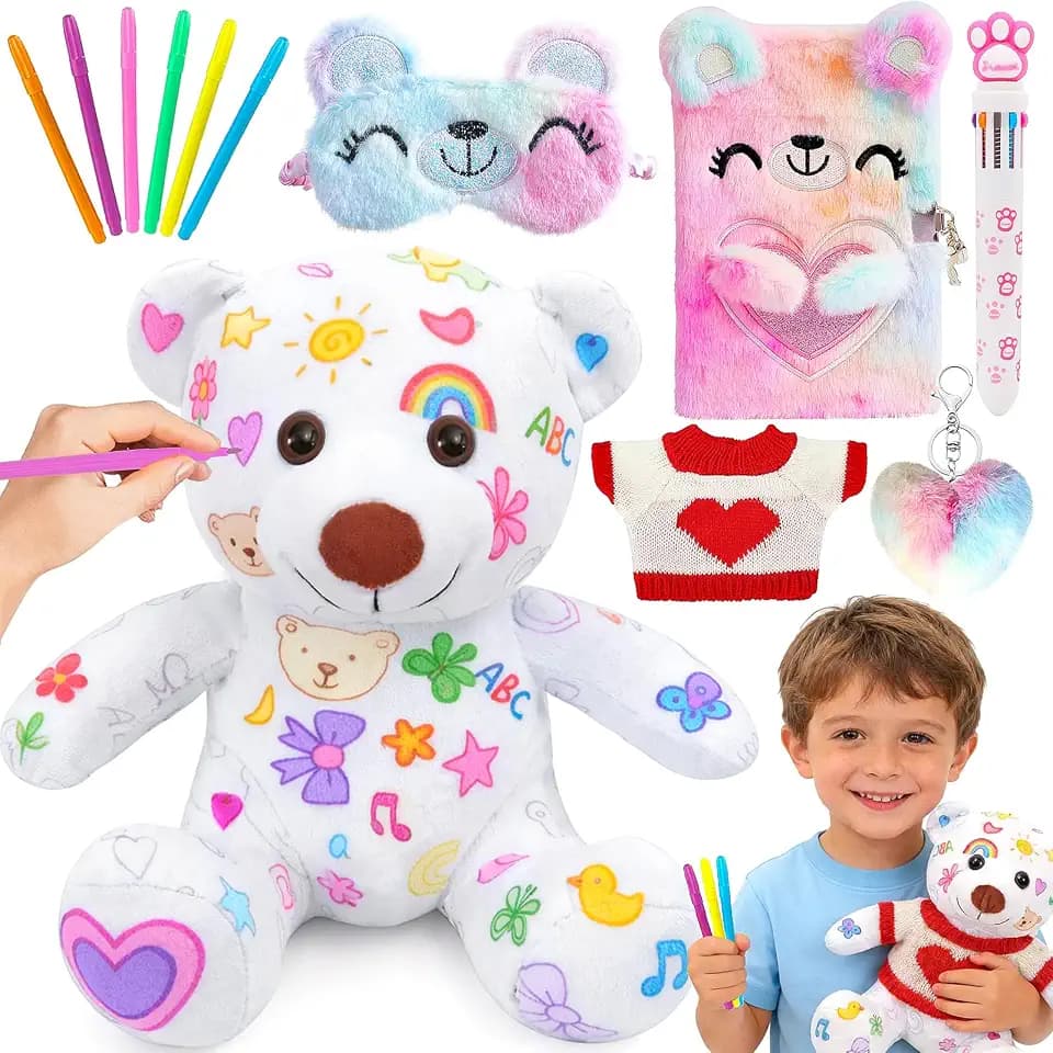 HAPGFS Doodle Bear Gift Set, Washable and Reusable Coloring Plush Toy with Markers, Clothes & Accessories, Build Your Own Bear Kit for Imaginative Kids, for Boys and Girls