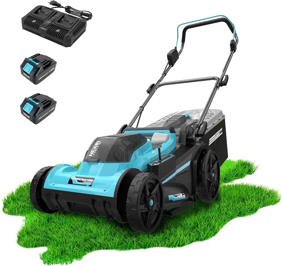 Cecotec Akku-Rasenmäher Terrenator E7 Liberty Z Plus. Brushless Motor, 2X NEX21 21V 4Ah Akkus, Dual-Schnellladegerät, 43 cm Schnittbreite, 45 L Fangkorb, 7 Höhen 25-75 mm