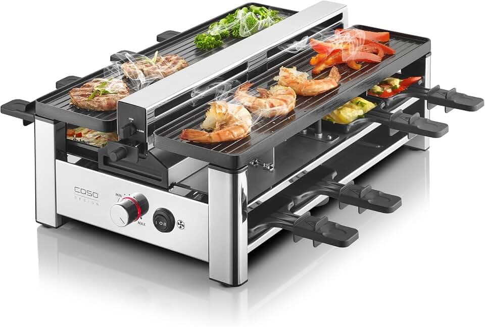 CASO Raclette AirClean - Raclettegrill mit integriertem Dunstabzug, für 8 Personen, schnelles Aufheizen, Antihaft Keramik-Beschichtung (PFAS-frei), 1500 Watt, austauschbarer Geruchs- und Kohlefilter