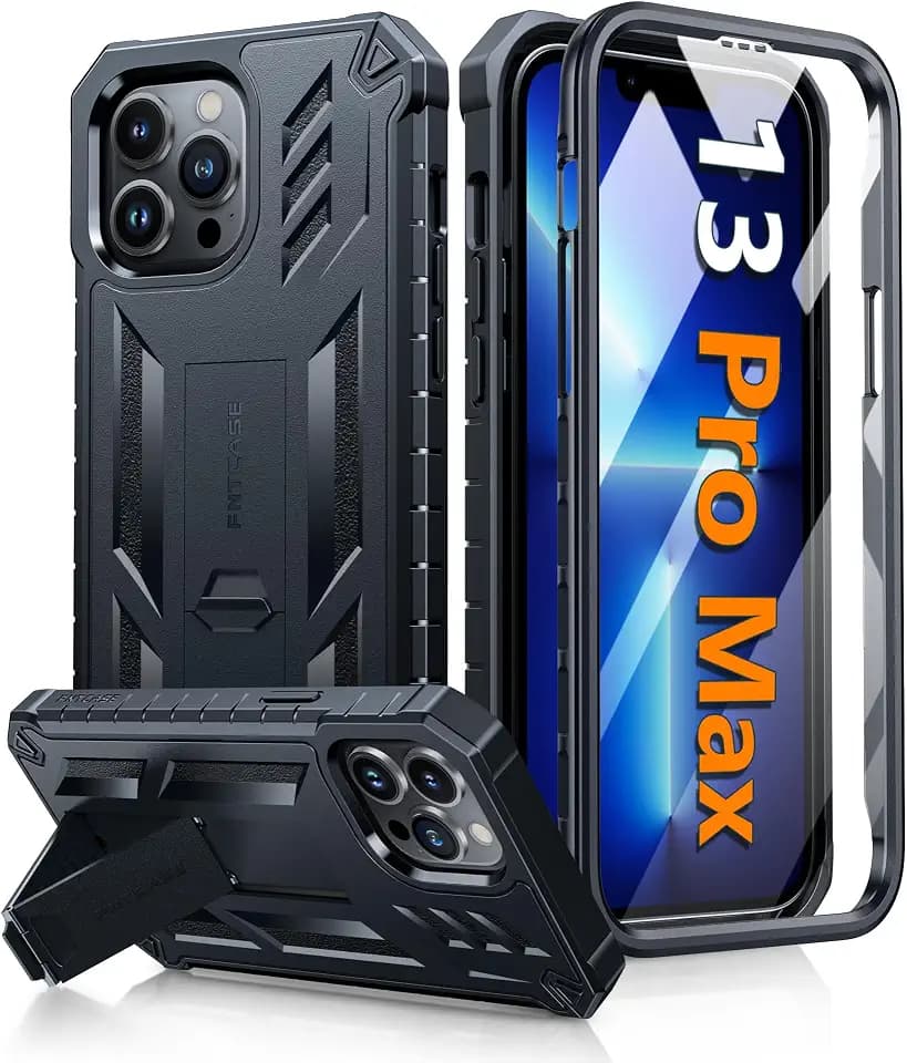 FNTCASE for iPhone 13 Pro Max Case, Built-in Screen Protector, Kickstand