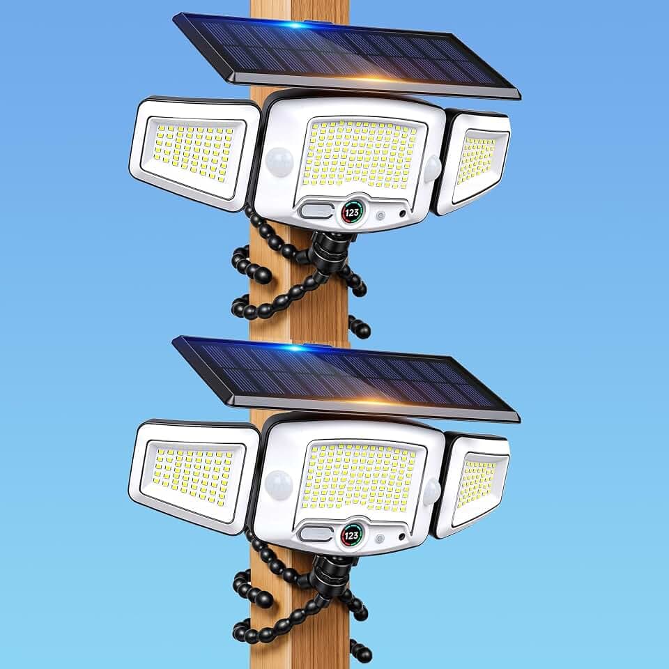 4000mAh Solar Motion Lights Outdoor with Octopus Mount, 2500LM 270° 3-Head Adjustable Solar Flood Lights with Digital Display & Remote, Dual PIR Sensor Security Lights for Fence Yard Patio Gazebo（2）