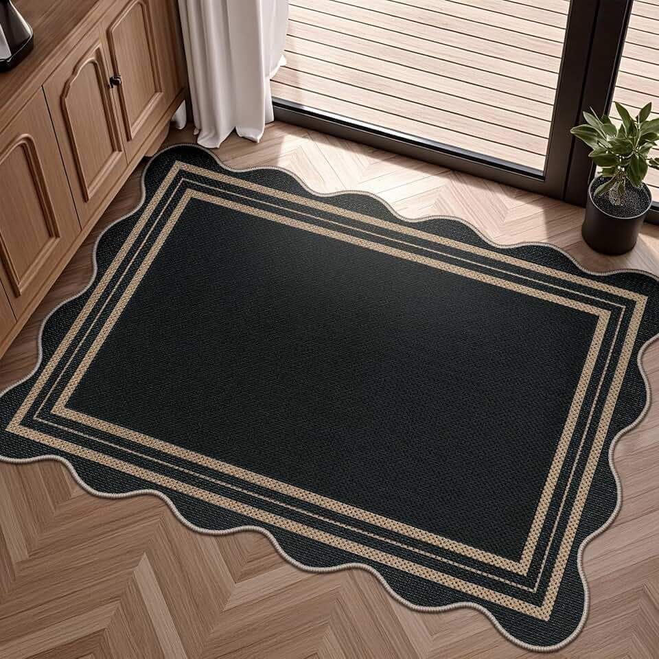 Easy Jute Black Entryway Rug, 2x3 Front Door Mat Washable Non Slip Small Kitchen Rug, Indoor Outdoor Farmhouse Scalloped Doormat for Porch Bathroom Doorway
