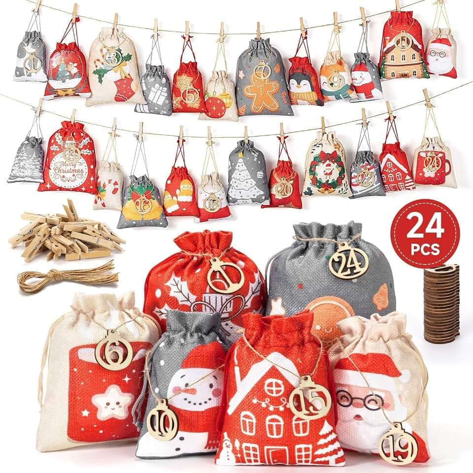Alintor 3 Größen Adventskalender zum Befüllen (Rot, Beige, Grau) | Adventskalender zum Selber Befüllen, 24 Holzanhänger, DIY Weihnachtskalender selbst Befüllen, Adventskalender Beutel Kinder