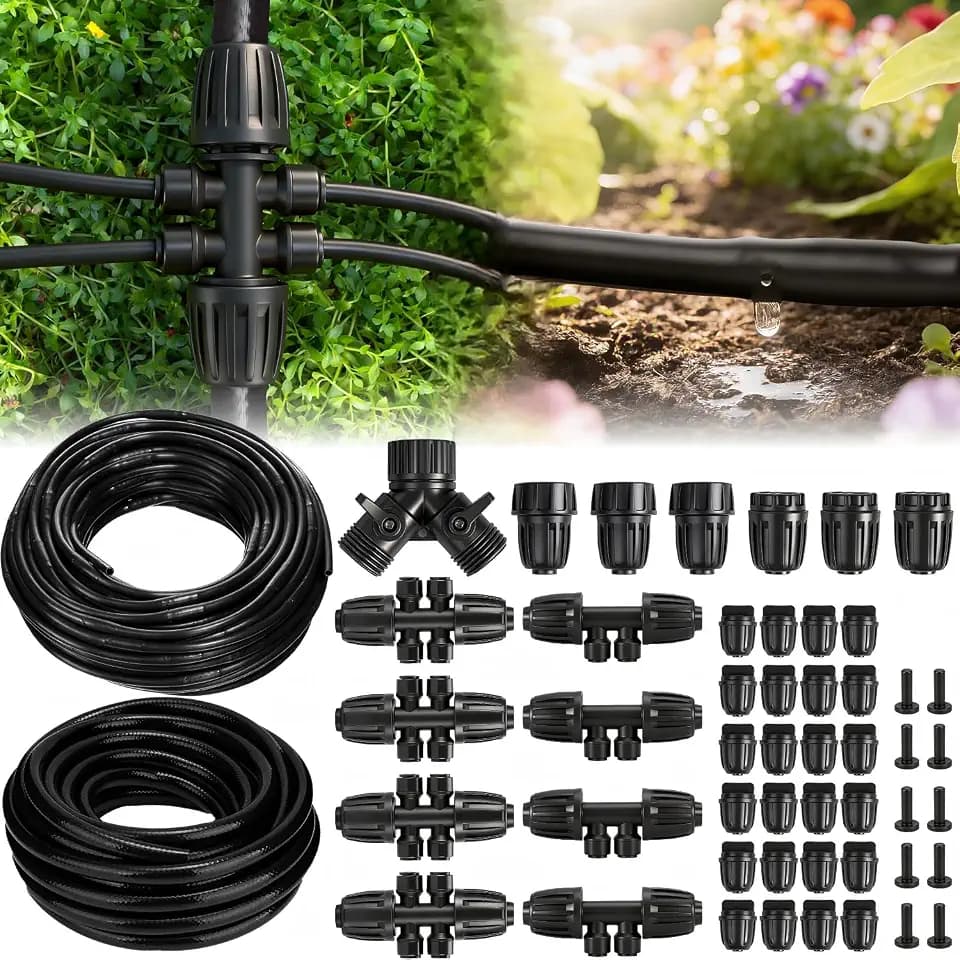 132FT Drip Irrigation Tubing Kit with 1/2 inch Drip Irrigation Tubing, 1/4 inch Irrigation Dripline, and Irrigation Parts for Garden, Raised Beds, and Greenhouse Watering