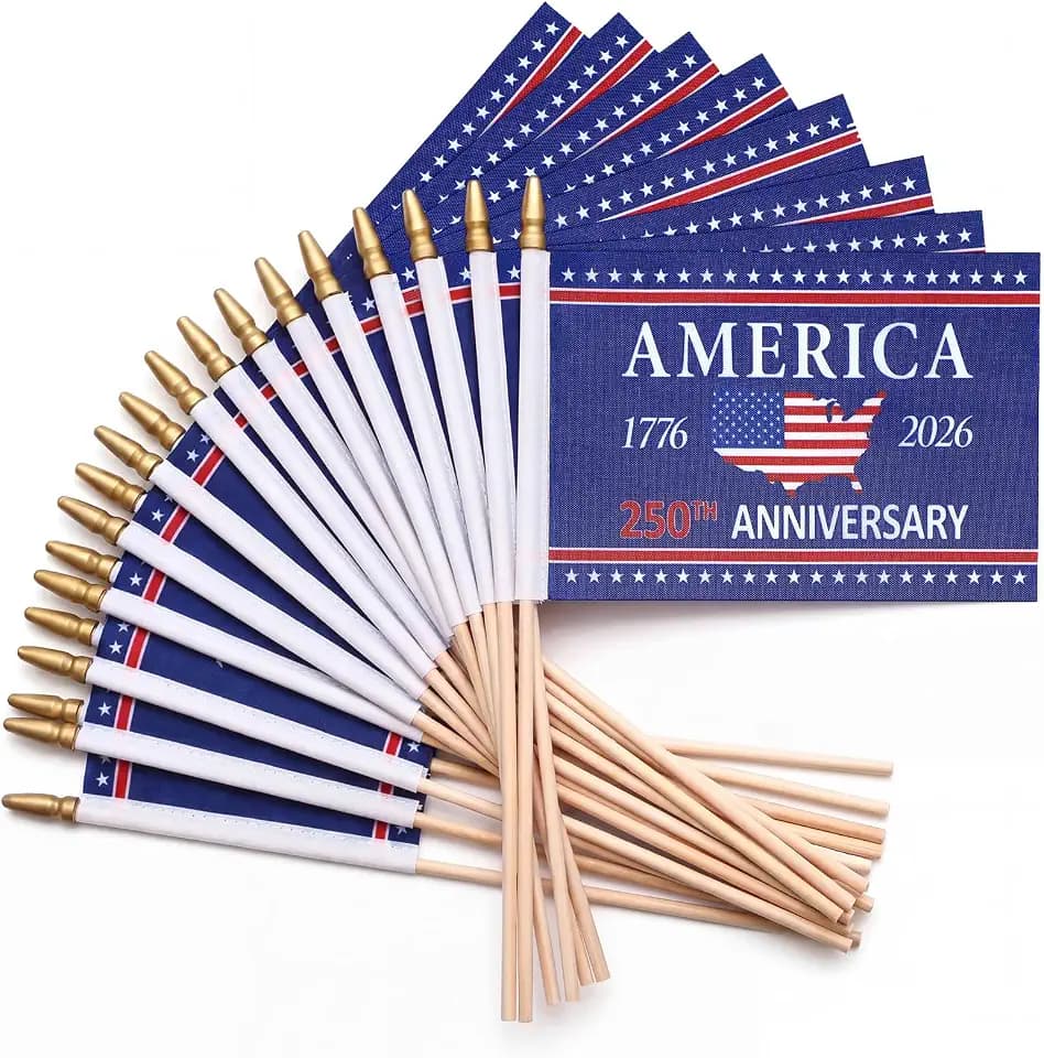 Breling 100 Pack 250th Anniversary Small American Flags 4x6 Inch on Stick, 1776-2026, USA Flag 250th Anniversary Patriotic Decor for 4th of July Celebrations Merchandise Party Favors (America)