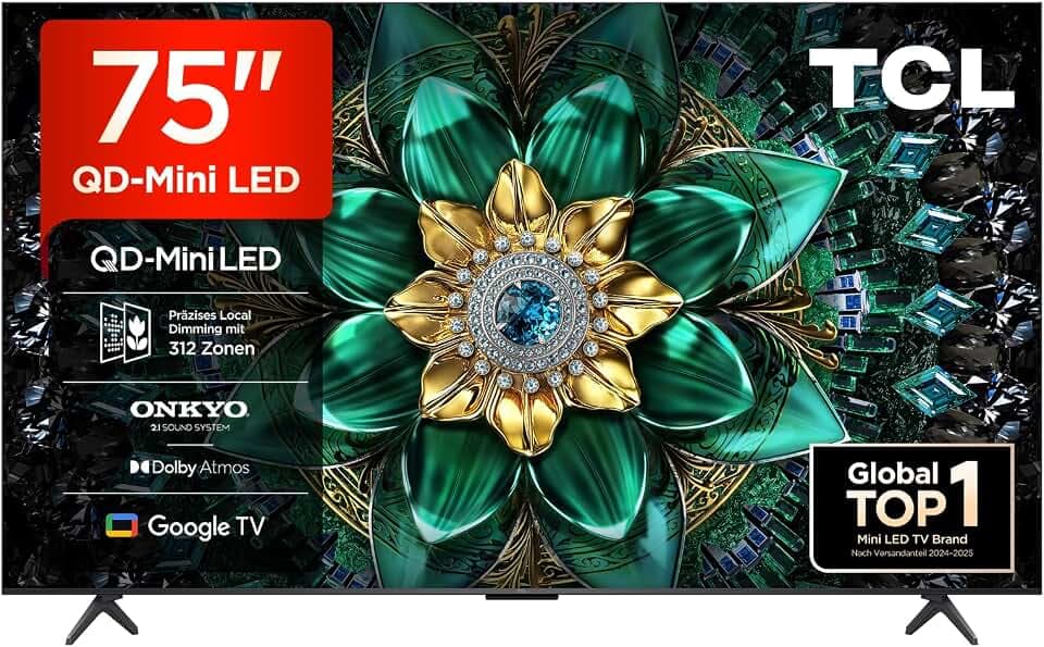 TCL 75Q6C 75 Zoll QD-Mini LED Fernseher, 4K HDR Premium 1000nits, Smart TV mit Google TV (Dolby Vision IQ & Atmos, Onkyo 2.1 Soundsystem, 144Hz Motion Clarity Pro, Game Master)