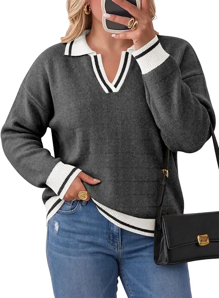 Beautife Womens Plus Size V Neck Sweater Long Sleeve Knit Polo Shirts
