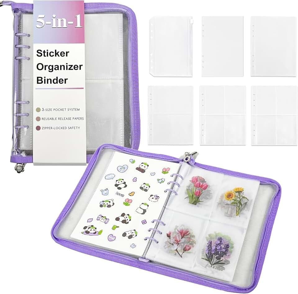 5-in-1 Sticker Organizer Book Reusable A5 Storage Binder with 220 Pockets,10 Release Papers, Zipper Album Sticker Collecting Display Keeper (Purple)