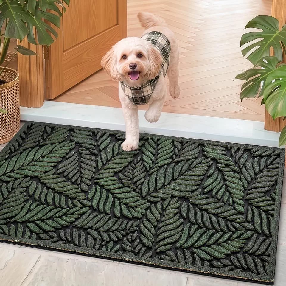 DEXI Front Door Mat Outside Entrance 17x30 Rubber Entry Doormat Green Leave