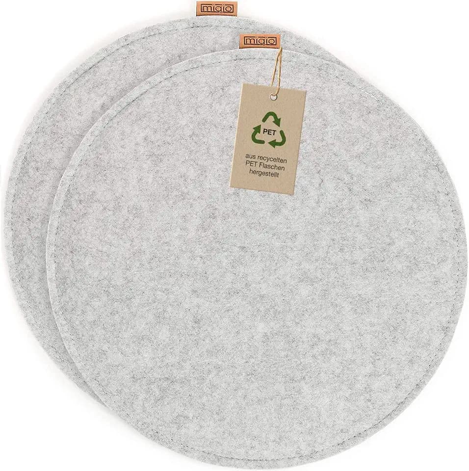 Miqio Design Filz Sitzkissen Rund mit Antirutschnoppen | 35cm | 2er-Set | Indoor und Outdoor | Nachhaltig aus recycelten PET Flaschen | Waschbare Stuhlkissen rutschfest | Hellgrau