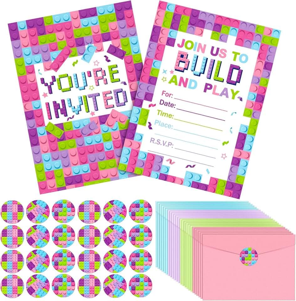 Colarr 24 Set Girls Building Blocks Party Invitations with Envelopes Pink