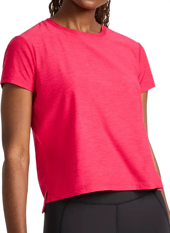 Reebok Women's Tech Short Sleeve Crewneck T-Shirt, Standard Fit, Lightweight Stretch Heathered Poly Fabric