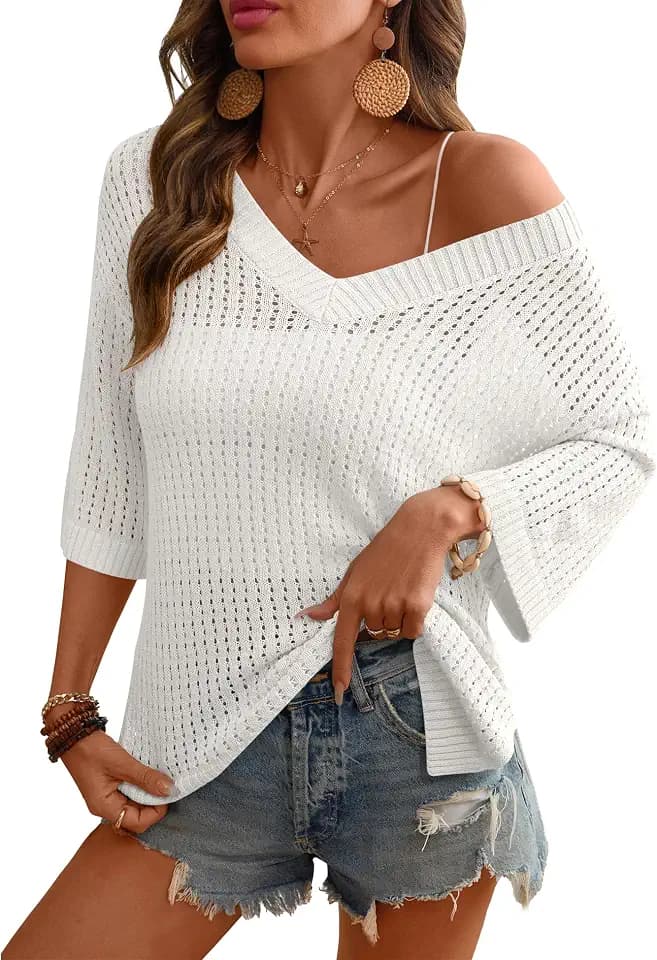 Rapbin Women's Crochet V Neck Beach Cover Up 3/4 Sleeve Hollow Out Knitted Pullover Sweater